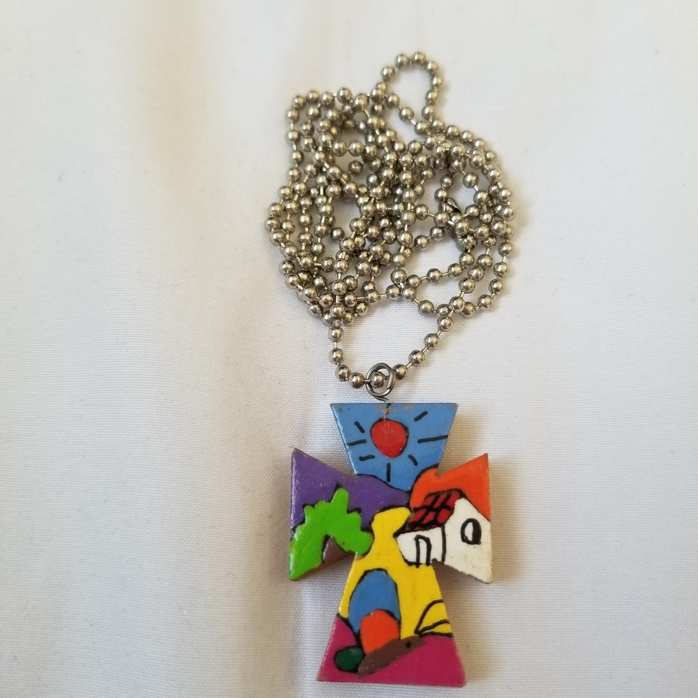 Vintage Hand Painted Wooden Cross Necklace El Salvador